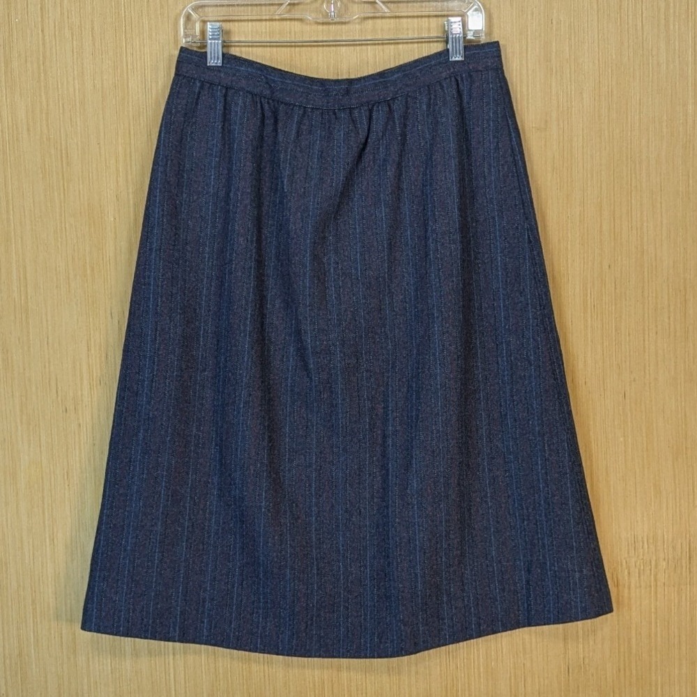 Vintage 70s Blue Pinstripe Wool Blend Midi Skirt Women's Medium Retro Schoolgirl